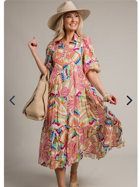 TCEC First Impression Cream Multi Color Printed MIDI Shirt Dress Size Large